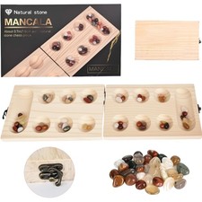 Mancala Steinspiel, Kalaha Spiel, Steinchenspiel Holz mit Steinen für Freunde...