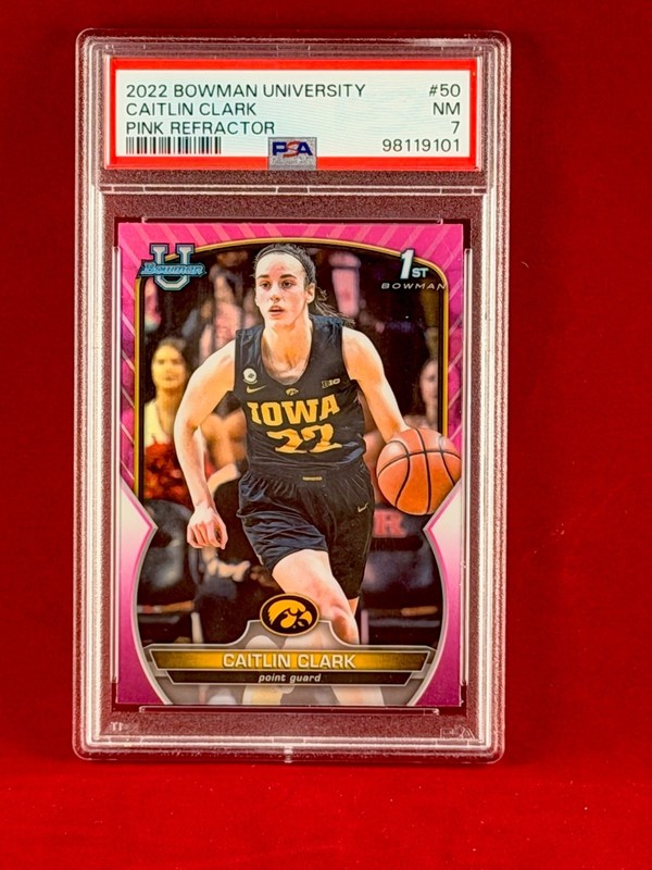 2022 Bowman University CAITLIN CLARK Pink Refractor Rookie Card #50 PSA 7