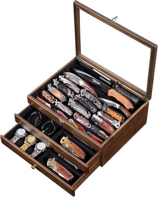 Große Messervitrine, 3-stufiger Taschenmesser Organizer und Aufbewahrungsbox mit Tra