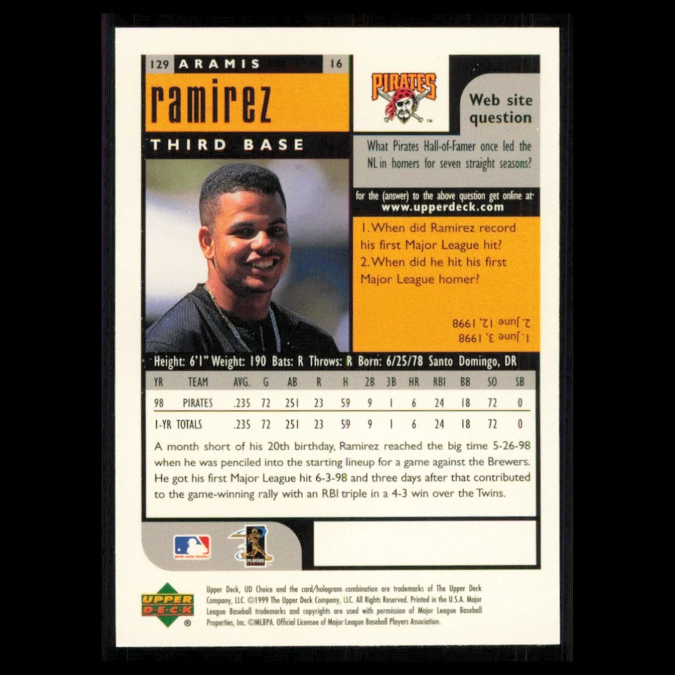 Aramis Ramirez #129 1999 Upper Deck Choice Pittsburgh Pirates Baseball Card MLB - Image 2 of 3