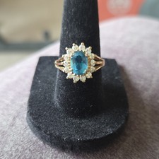 Signed Fine Silver 925 Blue Topaz Oval Halo R...