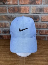 Nike Golf Black Swoosh Logo Blue/Gray Slate Leather Strapback Buckle Hat