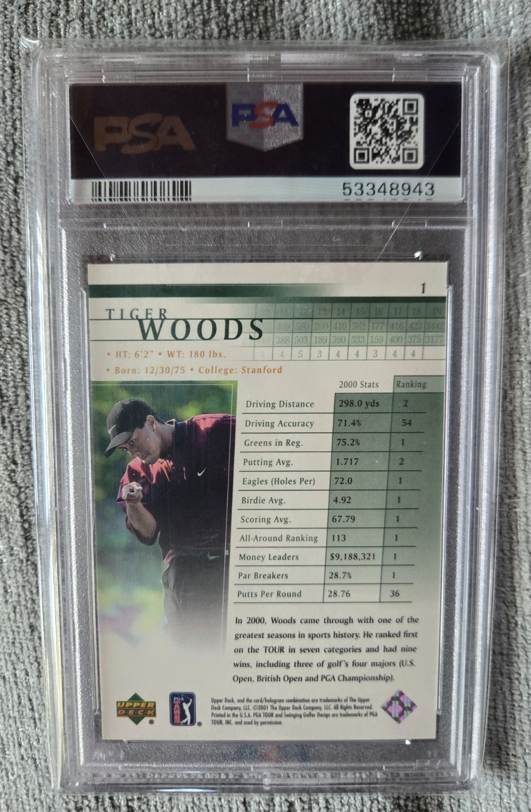 2001 UPPER DECK GOLF TIGER WOODS #1 PSA 10 GEM MT ROOKIE RC view 2