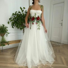 Vintage A-Line Wedding Dresses Spaghetti Straps Red Rose Applique Bridal Gowns