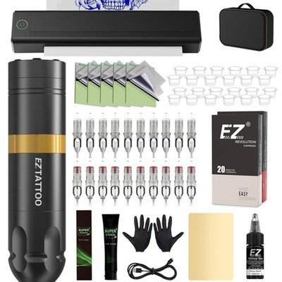 Stencil Drucker Set Tattoo Zubehör kabellos 20 Nadeln 40 Transferpapier 50OZ Gel
