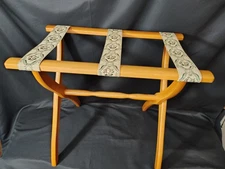 Vintage Wooden Luggage Rack with Decorative Straps  Folding Suitcase Stand 