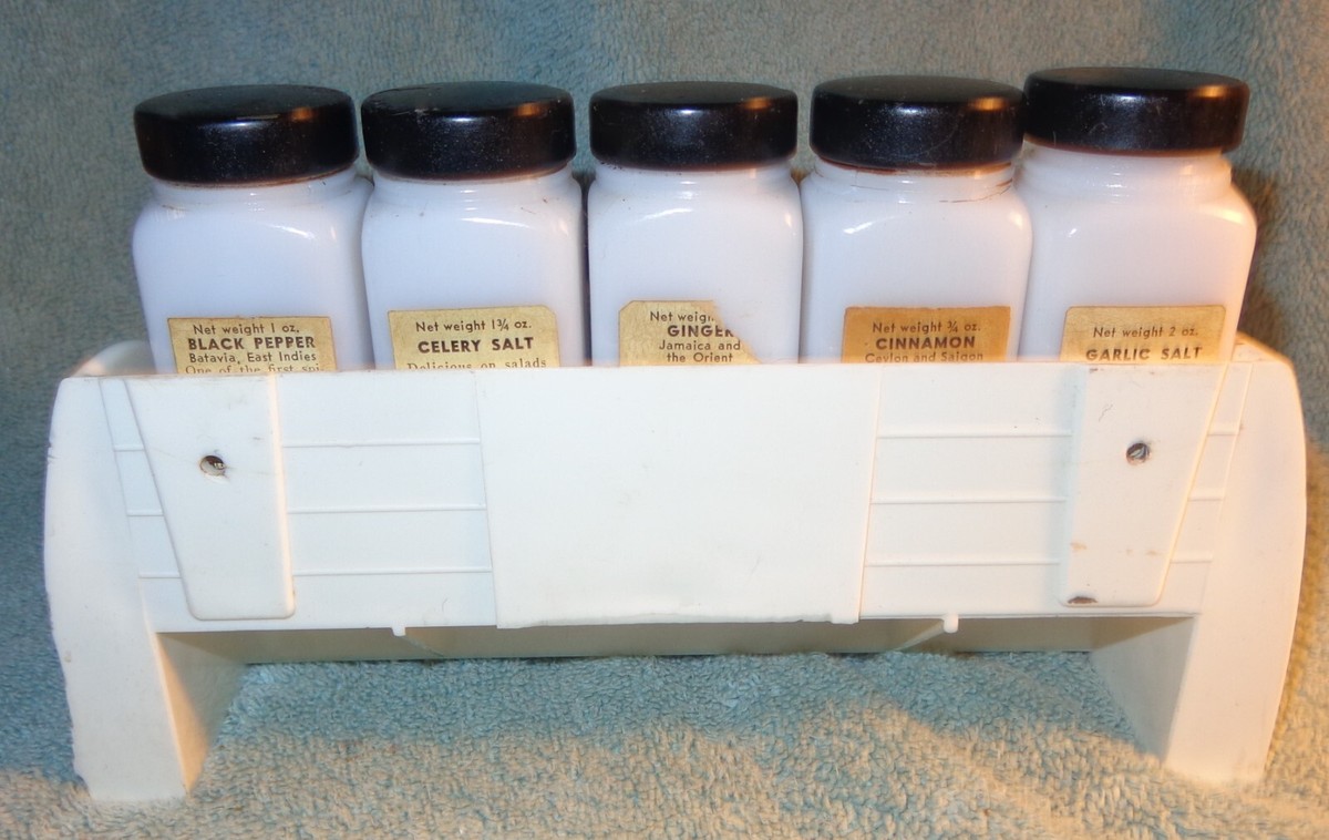 Vtg 1940's Griffith Spice Jars Milk Glass Jars Spice Rack Black