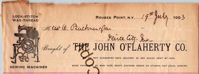 1903 John OFlahety Co Sewing Machines Billhead ROUSES POINT NY   