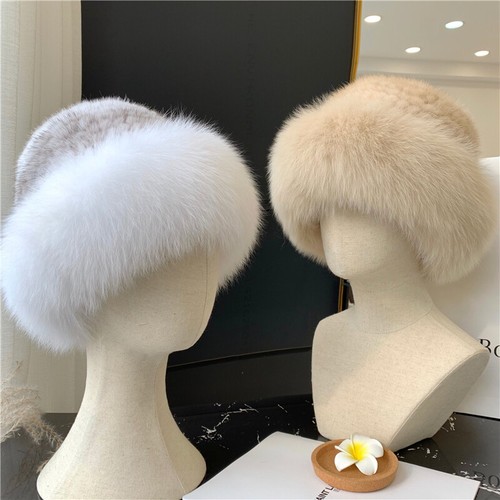 Women Real Mink Fur Hat Knitted Stretch Cap Bowler Cloche Hat Fox Fur Trim Brim - Afbeelding 1 van 14