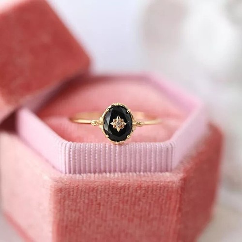 Vintage Black Stone 18K Gold Plated Retro Elegant Dainty Unique Open Ring Women - Picture 5 of 5