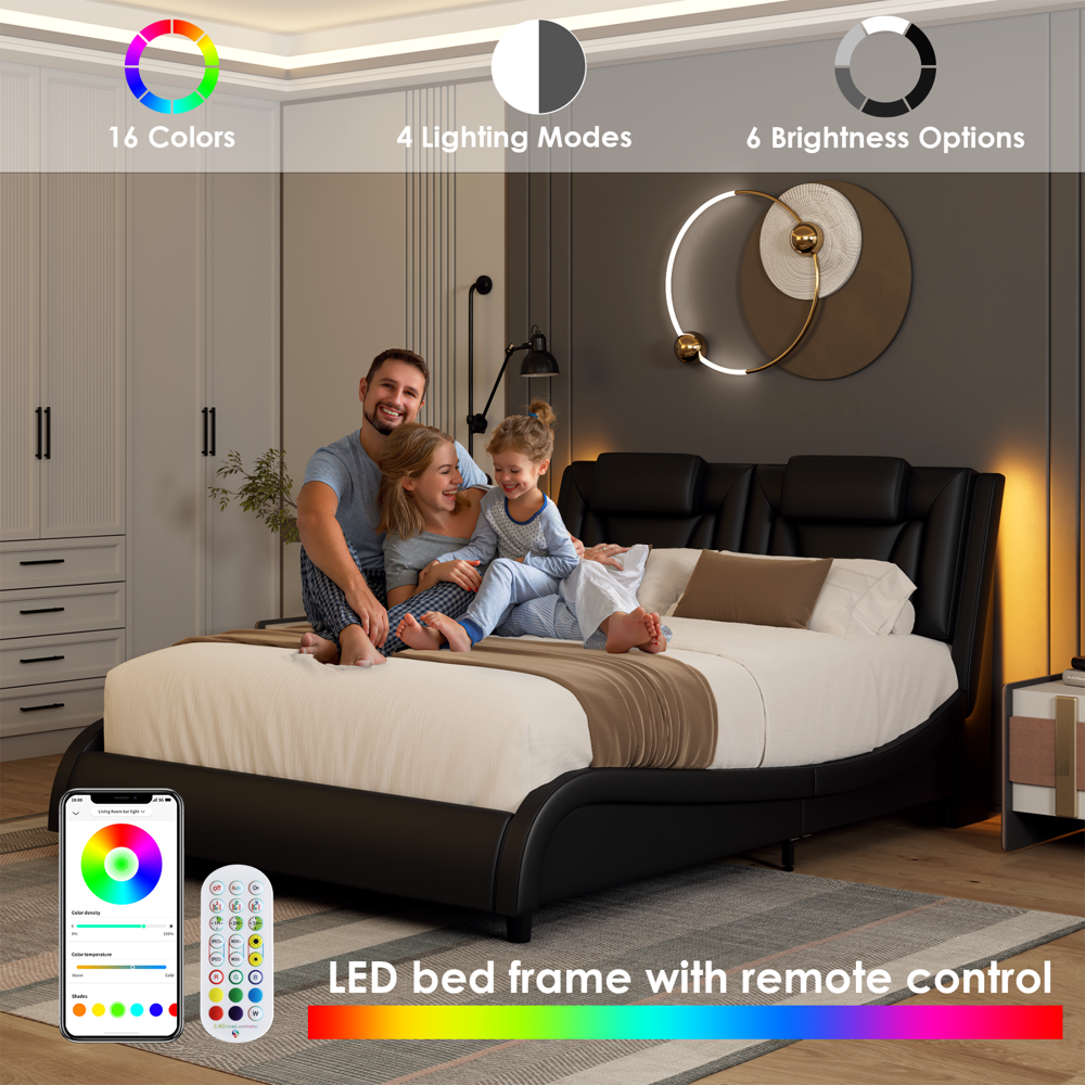 Bed Frame Platform Modern Curved Design Upholstered PU Leather LED Lights Queen-image
