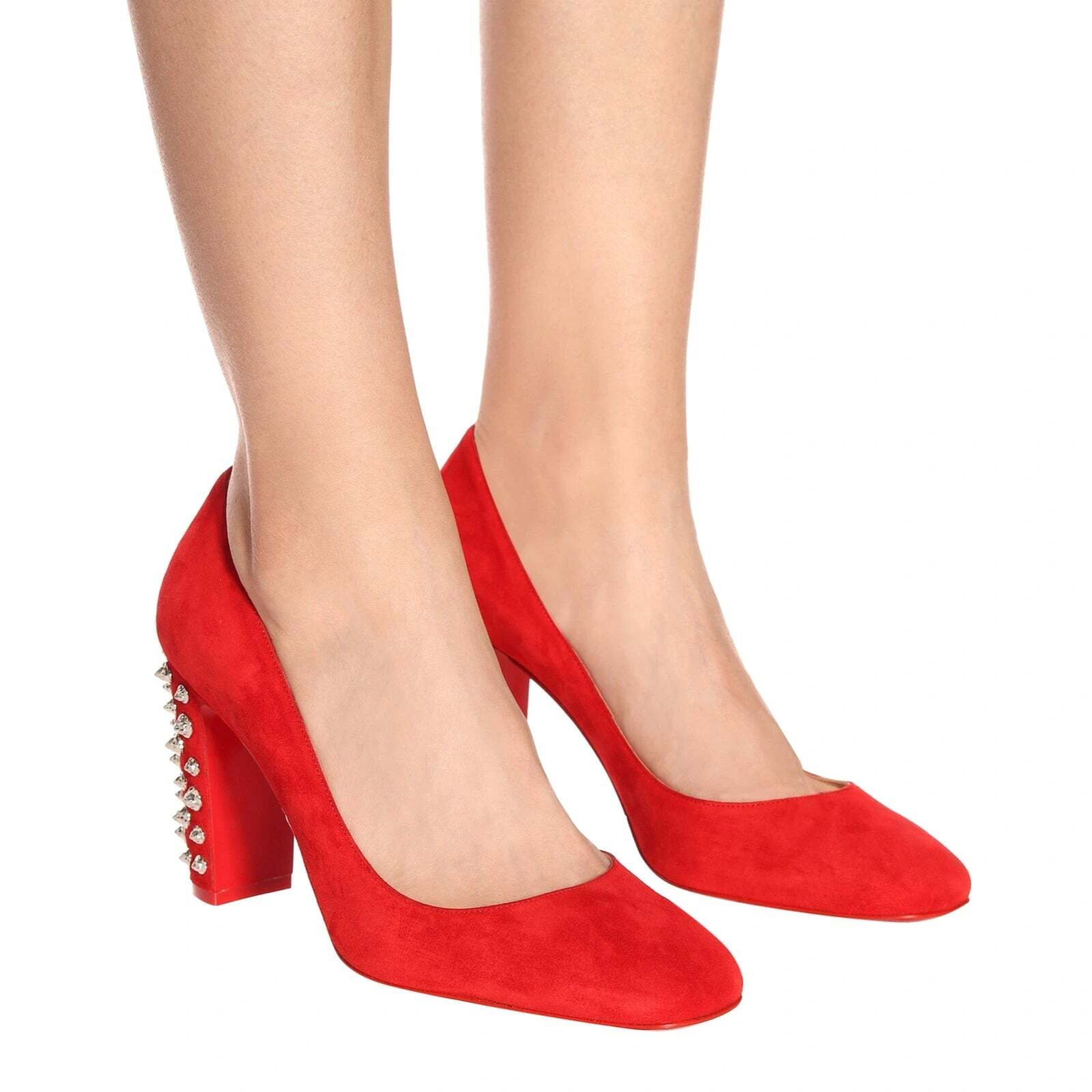Christian Louboutin Donna Stud Spikes 85 Loubi Red Silver Block Heel Pump 37 image 8