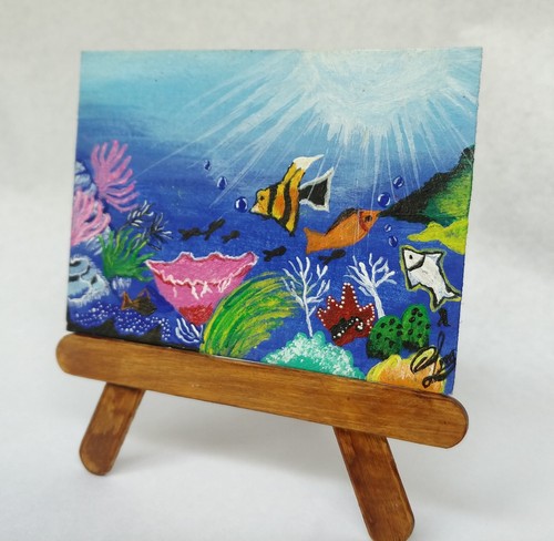 ACEO Original Acrylic Painting UNDERWATER SEASCAPE Miniature Art Card new - Afbeelding 3 van 4