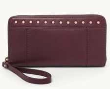 Fossil Jori RFID Zip Clutch Purple Fig Leather Wristlet SWL2215503 Studs NWT Y
