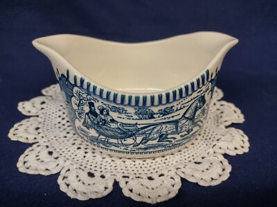 Currier & Ives Gravy Boat Horse Sleigh Blue White USA Royal China Dinnerware