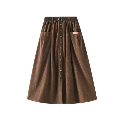 Women A-line Midi Skirt High Elastic Waist Pleated Belt Thermal Button Down - Picture 15 of 22