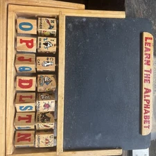 Vintage Wood & Thick Slate Chalkboard W/ Spinning Wood Block Alphabet & Pictures