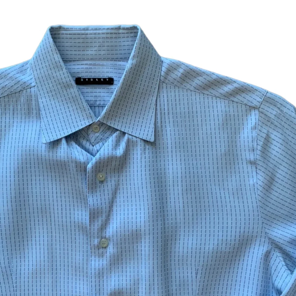 Camisa de vestir Sisley azul claro a rayas de algodón manga larga con botones talla M Foto 2 de 4