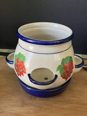 Vintage Ceramic Strawberry Planter Pot 4 Port 1970s Cobalt Blue, Red, White