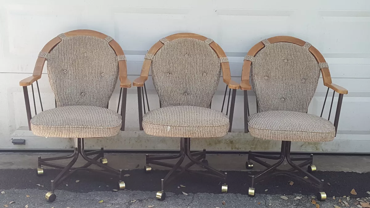 3 VINTAGE MID CENTURY DOUGLAS FURNITURE OAK METAL SWIVEL CASTER DINING CHAIR