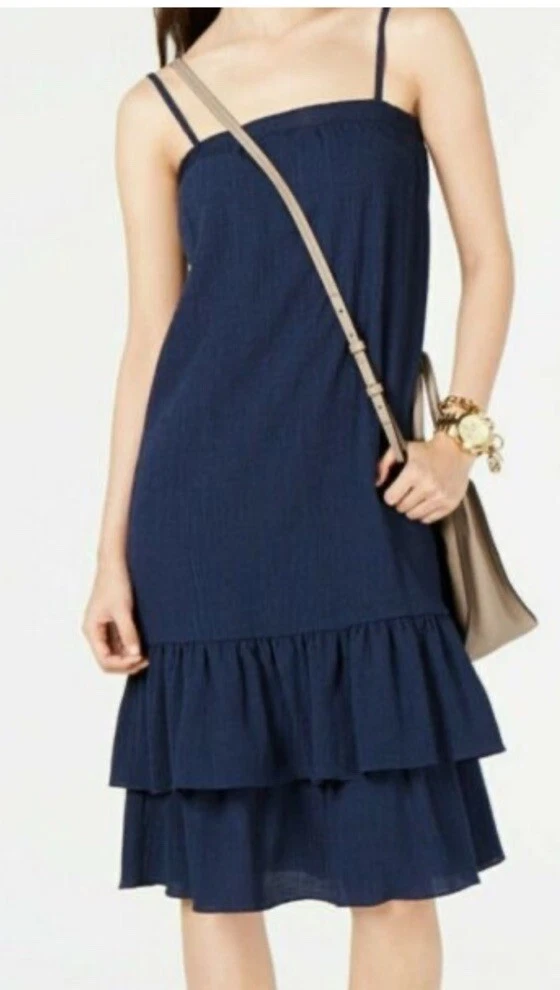 Abito Michael Kors a strati con volant e volant taglia XS blu navy nuovo con etichette $125