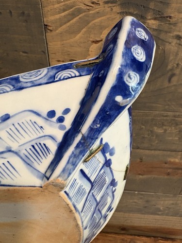 Antique Japanese Repaired Plate Warmer Boat Shape, Blue And White Ceramic Tray - Picture 2 of 24