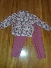 Vintage NWT Ladies EVR Mauve Pink Cherries 100 Silk Jacket Pants Tracksuit Sz S
