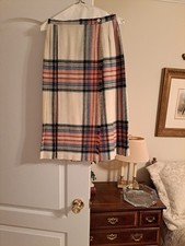 Vintage 1980's Wool Plaid Wrap Skirt Size 11/12 Cream/Blue/Pink