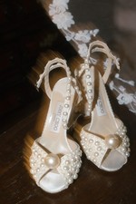 Jimmy Choo Sacaria White Bridal Sandal 100mm Heels All Over Pearls Size EU 36.5