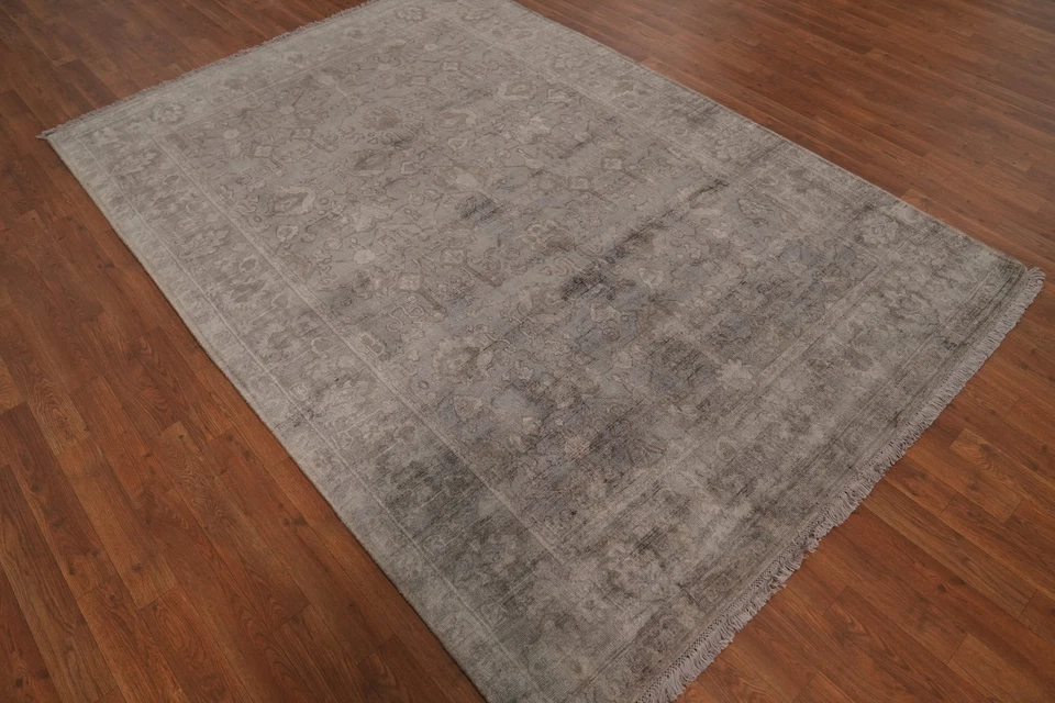 Handmade Beige Silk Carpet Transitional Oushak Living Room Area Rug 6x8 Ft - Image 4 of 4