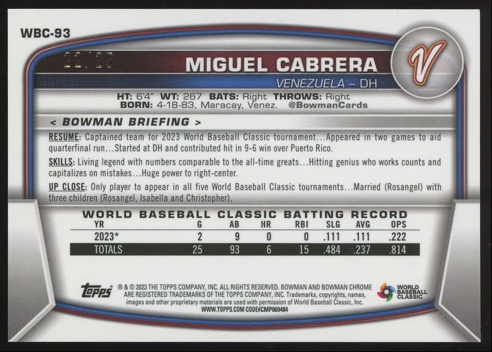 Miguel Cabrera #WBC-93 2023 Bowman Cromo Bandera WBC Naranja Refractor Variación Foto 2 de 3