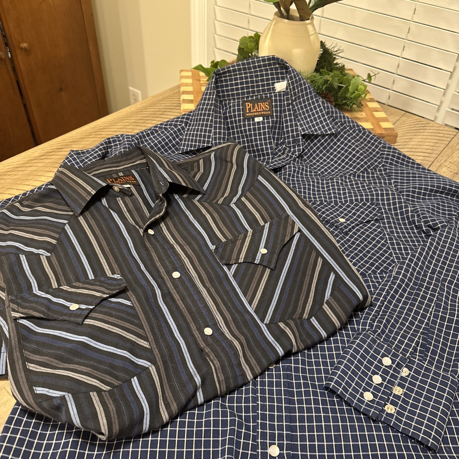Lot Of 2 Plains Western Wear Pearl Snap Mens Shirts 1-Short and 1-Long Sleeve