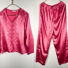 Vintage Victorias Secret Gold Label Large Pink Satin Pajama Set Lace Top Pants L