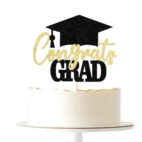 Glitter Congrats Grad Cake Topper, 2025 Graduation Party Decorations Black Gold - Picture 2 of 8