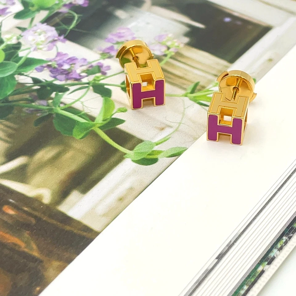 Auténticos Pendientes Hermes H Cubo Jaula Ceniza GD Púrpura con Caja BA110117 Foto 4 de 4