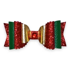 Handmade Faux Leather Hair Bow Red Green Gold Christmas Glitter Barrette Clip