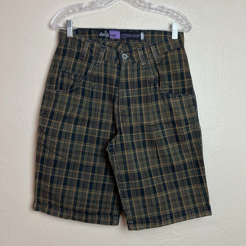Pantalones Cortos Vintage Levis SilverTab Para Hombre 30 (Actual 28) Pantalones Cortos Sueltos a Cuadros Años 90 EE. UU. Foto 4 de 4