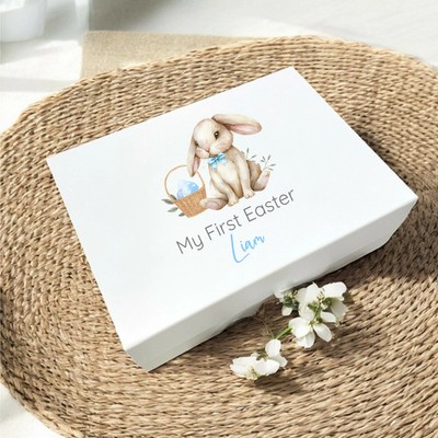 Personalisierte blaue Fliege Hase Meine erste Ostern Leckerli Box