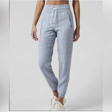Athleta Cabo Linen Jogger Pants Blue Chambray Size 2 Elastic Waist Zip Pockets