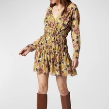 NWT Joie Silk Aminah Mini Dress Floral Long Sleeves Olive Green Yellow Small
