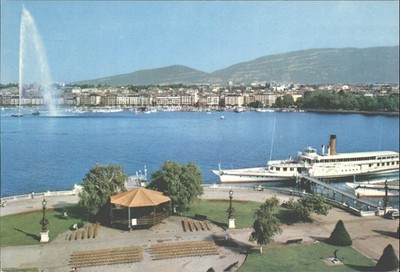Vintage Rade de Genève Postkarte Jet d'Eau Genfer See Schweiz topographisch