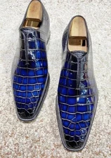 New Handmade Blue Crocodile Textured Leather Derby Lace Up Dress Shoes For Men's