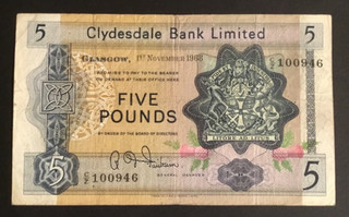 Banknote Of Scotland Five Pounds Clydesdale Bank Ltd Dated 1968 Circulated Cond