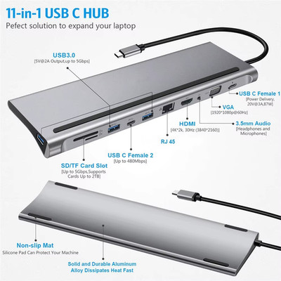 USB C Hub 5-in-1 Adapter 4K USB C to HDMI VGA Type-C USB Headphone Jack Adapter