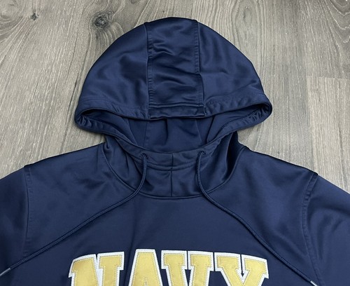 Under Armour Navy Sweatshirt Small Blue Pullover Hoodie Loose Logo Spell Out - Picture 4 of 6