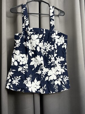 Michael Kors Women's Square Neck Linen Navy Blue White Floral Tank Top Size L