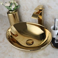 US Gold Bathroom Sink Set Oval Ceramic Washing Basin Bowl Pop Up Drain Mixer Tap