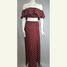 new, burgundy polka dot top and skirts, size S