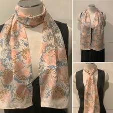 100 Silk Floral Pink,Ivory, Blue Combo Long SCARF 26cm x 130cm Handroll Hems