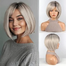 Bob Wigs for Women Human Hair Wigs with Bangs Ombre Grey Color Lace Front Wigs 